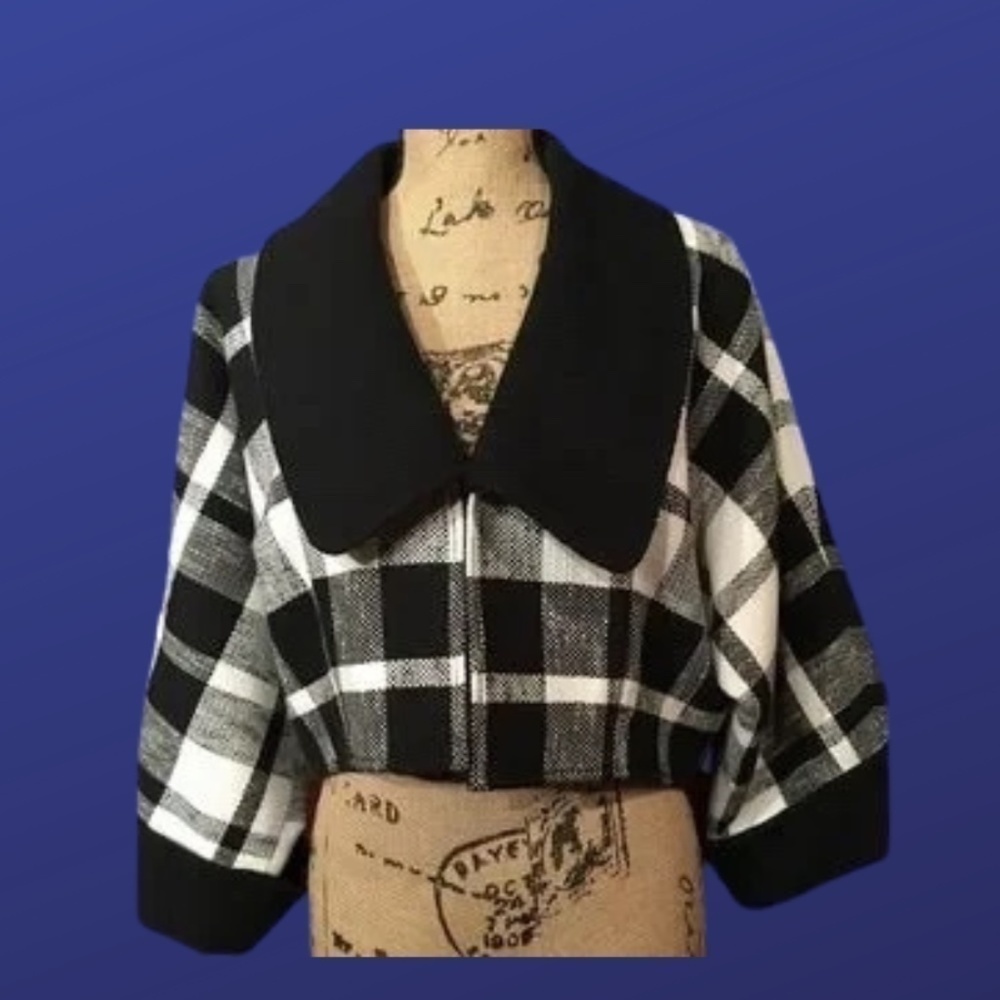 𝅺ellen TRACY Black/White Plaid CROPPED 3/4 Sleeve Blazer/Jacket, Size 14